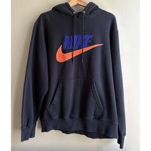 Nike Logo Hoodie Sweatshirt Club Fleece Chenille Black Orange Swoosh Size Large